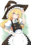  1girl absurdres apron arm_up black_hat black_skirt black_vest blonde_hair blush bow braid brown_eyes collared_shirt commentary_request frilled_apron frilled_sleeves frills green_ribbon grin hair_between_eyes hat hat_bow highres kirisame_marisa long_hair looking_at_viewer neck_ribbon puffy_short_sleeves puffy_sleeves ribbon shirt short_sleeves single_braid skirt skirt_set smile solo takunama touhou very_long_hair vest waist_apron white_apron white_bow white_shirt witch_hat 