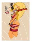  breasts cleavage clothed clothing clothing_pull coco_bandicoot crash_bandicoot_(series) drooling female pattern_background saliva simple_background sport tongue tongue_out undressing video_games wet 