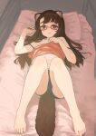  1girl animal_ears barefoot bed blue_shorts brown_eyes brown_hair commentary_request glasses highres long_hair looking_at_viewer lying nito_(nshtntr) off_shoulder on_bed original panties pantyshot pillow red-framed_eyewear short_shorts shorts solo tail tank_top underwear white_panties white_tank_top 