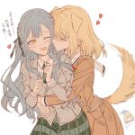  2girls animal_ears bang_dream! bang_dream!_it&#039;s_mygo!!!!! blonde_hair blush brown_dress chinese_commentary closed_eyes collared_shirt commentary_request dog_ears dog_girl dog_tail dress green_necktie green_skirt grey_jacket haneoka_school_uniform heart highres hug hug_from_behind imminent_kiss jacket junjun_(kimi-la) kemonomimi_mode kiss kissing_cheek long_sleeves misumi_uika multiple_girls necktie one_eye_closed open_mouth plaid plaid_skirt pleated_skirt school_uniform shirt simple_background skirt smile tail tail_wagging togawa_sakiko translation_request tsukinomori_school_uniform white_background white_shirt yellow_eyes yuri 