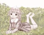  1girl black_dress dress flower grass grey_hair grey_ribbon hair_ribbon leaf legs_up long_hair looking_at_viewer lying on_stomach original own_hands_together parted_lips plant pleated_dress red_ribbon ribbon shiromomo_sofuto soles solo the_pose thighhighs white_flower white_thighhighs 