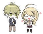  1boy 1girl ahoge akamatsu_kaede amami_rantarou blonde_hair danganronpa duo eating eyebrows eyes_closed food green_eyes green_hair hair_ornament hairclip jewelry matching_hair/eyes miniskirt musical_note musical_note_hair_ornament necklace necktie new_danganronpa_v3 open_mouth pants piercing plate school_uniform shirt shoes short_hair skirt socks striped striped_shirt sweater sweater_vest tie uniform 