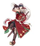  armor bangs blue_eyes blue_hair boots brown_gloves cape ebira elbow_gloves falchion_(fire_emblem) fire_emblem fire_emblem:_kakusei fire_emblem_heroes full_body fur_trim gloves hat highres holding krom leg_up male_focus official_art sack santa_costume santa_hat sheath sheathed shoulder_armor sleeveless smile solo sword thigh_boots thighhighs transparent_background weapon 