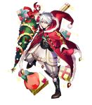  bangs bell boots box brown_eyes brown_footwear christmas_ornaments christmas_tree eyebrows_visible_through_hair fire_emblem fire_emblem:_kakusei fire_emblem_heroes fujiwara_ryo full_body fur_trim gift gift_box gloves grin highres holding holding_weapon hood hood_down knee_boots long_coat long_sleeves looking_at_viewer male_focus male_my_unit_(fire_emblem:_kakusei) my_unit_(fire_emblem:_kakusei) official_art pants pom_pom_(clothes) smile solo sparkle transparent_background weapon white_hair 