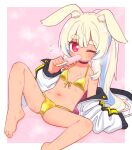  1girl animal_ear_fluff animal_ears bare_legs bare_shoulders barefoot bikini blonde_hair blue_hair breasts choker collarbone commentary_request ears_down flying_sweatdrops food front-tie_bikini_top front-tie_top heart heart-shaped_pupils highres holding holding_food ice_cream jacket long_hair long_sleeves looking_at_viewer masurao_(sekaiju) masurao_2_(sekaiju) multicolored_hair naga_u navel off_shoulder one_eye_closed pink_background ponytail puffy_long_sleeves puffy_sleeves purple_choker purple_eyes rabbit_ears sekaiju_no_meikyuu sekaiju_no_meikyuu_5 short_eyebrows small_breasts solo spread_legs sweat swimsuit symbol-shaped_pupils thick_eyebrows two-tone_background two-tone_hair very_long_hair white_background white_jacket yellow_bikini 