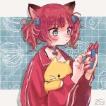  akami_karubi animal_ears blush bow cat_ears cat_girl cat_hair_ornament choker hair_bow hair_ornament highres holding holding_phone indie_virtual_youtuber jacket nail_polish phone red_hair red_jacket short_hair short_twintails twintails virtual_youtuber 