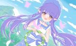  1girl absurdres blue_sky cloud day elf flower grass hair_ribbon highres kyouka_(princess_connect!) landscape lemonztea long_hair looking_at_viewer mountain nature open_mouth outdoors petals pointy_ears princess_connect! purple_hair ribbon scenery skirt sky solo spring_(season) twintails very_long_hair 