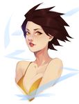 bad_id bad_pixiv_id breasts brown_hair cleavage collarbone commentary dress highres light_smile lipgloss looking_at_viewer making_of medium_breasts nose orange_dress orange_eyes overwatch parted_lips red_lips short_hair simple_background sleeveless sleeveless_dress solo spaghetti_strap spiked_hair tracer_(overwatch) upper_body white_background yeedeea 