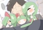  1boy bed bed_sheet blanket bob_cut brown_hair closed_eyes colored_skin cuddling gardevoir green_hair hair_over_eyes haruame0204 heart highres horns kirlia multicolored_skin parted_lips pokemon pokemon_(creature) ralts sidelocks sweatdrop translation_request two-tone_skin white_skin 