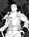  1boy armor black_background bracer commentary cowboy_shot dungeon_meshi greyscale hands_up highres laios_touden looking_up male_focus monochrome open_mouth pauldrons plant quietgom restrained sheath sheathed short_hair shoulder_armor standing sword tentacles very_short_hair vines weapon 