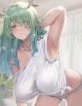  1girl antlers blush branch breasts ceres_fauna flower green_hair hair_flower hair_ornament highres hololive hololive_english horns large_breasts long_hair looking_at_viewer messy_hair moisture_(chichi) mole mole_under_eye multicolored_hair no_bra panties shirt sleepy solo t-shirt underwear virtual_youtuber yellow_eyes 