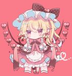  1girl ascot bat_wings blonde_hair chibi commentary_request crystal flandre_scarlet hat hat_ribbon hiyuu_(hiyualice) mob_cap multicolored_wings one_side_up puffy_short_sleeves puffy_sleeves red_eyes red_vest ribbon short_sleeves side_ponytail skirt skirt_set solo star_(symbol) touhou vest white_hat wings yellow_ascot 