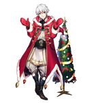  bangs bell boots brown_eyes brown_footwear christmas_ornaments christmas_tree eyebrows_visible_through_hair fire_emblem fire_emblem:_kakusei fire_emblem_heroes fujiwara_ryo full_body fur_trim gloves highres hood hood_down knee_boots long_coat long_sleeves looking_at_viewer male_focus male_my_unit_(fire_emblem:_kakusei) my_unit_(fire_emblem:_kakusei) official_art pants pom_pom_(clothes) red_gloves ribbon santa_costume smile solo standing transparent_background white_hair 