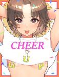  1girl absurdres arms_behind_head arms_up breasts brown_eyes brown_hair commentary confetti cropped_shirt earrings english_text girls_und_panzer highres holding holding_pom_poms jewelry looking_at_viewer nipple_piercing oshiri_seijin parted_bangs piercing pink_pupils pom_pom_(cheerleading) sawa_azusa shirt short_hair short_sleeves small_breasts smile solo t-shirt tongue tongue_out tongue_piercing underboob white_shirt 