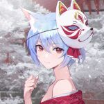  1girl absurdres animal_ear_fluff animal_ears bare_shoulders blue_hair blurry blurry_background close-up closed_mouth fox_ears fox_mask hair_between_eyes highres japanese_clothes jongho_bak kimono light_blue_hair looking_at_viewer mask mask_on_head off_shoulder original outdoors red_eyes red_kimono short_hair snowing solo tree winter 