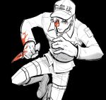  1boy baseball_cap black_background blood blood_on_arm blood_on_face blood_on_knife boots collared_jacket english_commentary gloves hair_over_one_eye hands_up hat hataraku_saibou highres holding holding_knife jacket knife long_sleeves looking_at_viewer male_focus pants robodumpling short_hair simple_background solo spot_color thigh_strap u-1146 uniform white_blood_cell_(hataraku_saibou) 