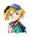  1boy arnold_shortman baseball_cap blonde_hair blue_eyes blue_jacket child hat hey_arnold! holding jacket male_focus nickelodeon rj_balbuena short_hair simple_background sketch solo upper_body white_background 