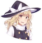  asa_(coco) black_dress blonde_hair bow braid commentary dress eyebrows_visible_through_hair hair_bow hat hat_bow kirisame_marisa long_hair looking_at_viewer parted_lips puffy_short_sleeves puffy_sleeves short_sleeves simple_background single_braid solo touhou upper_body white_background white_bow witch_hat yellow_eyes 
