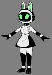  3_toes :3 anthro apron black_and_white breasts cat_smile clothing collar cuffs_(clothing) curvy_figure dress e254e electronics feet female gloves_(marking) glowing glowing_eyes green_eyes happy headphones hourglass_figure lagomorph leg_markings leporid machine maid_uniform mammal markings monochrome pose rabbit robot screen screen_face socks_(marking) solo toes uniform 