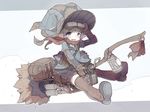  backpack backpack_removed bag blue_eyes boots broom broom_riding commentary crab_man engine exhaust_pipe gloves goggles goggles_on_head hat lantern original pointy_ears pouch scarf short_hair shorts simple_background solo thigh_boots thighhighs witch witch_hat 