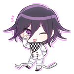  1boy bangs buttons checkered_scarf danganronpa eyebrows matching_hair/eyes new_danganronpa_v3 one_eye_closed ouma_kokichi pants purple_eyes purple_hair scarf shirt short_hair side_bangs solo straitjacket tongue tongue_out white_shirt wink 