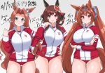  3girls animal_ears blue_eyes breasts brown_hair character_name cowboy_shot daiwa_scarlet_(umamusume) ear_covers ear_ornament gentildonna_(umamusume) hair_intakes highres horse_ears horse_girl horse_tail jacket kawakami_princess_(umamusume) long_sleeves multiple_girls puffy_long_sleeves puffy_sleeves red_eyes red_jacket smile tail tiara tracen_training_uniform twintails umamusume yuuichi_(reductionblack) 