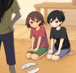  1girl 2boys barefoot black_eyes black_hair black_shirt broken_plate brown_eyes brown_hair closed_mouth collarbone dark-skinned_male dark_skin doroidsan green_shorts grey_shorts hand_on_own_hip indoors kel_(faraway)_(omori) kel_(omori) long_hair looking_at_another multiple_boys omori plate red_shirt seiza shirt short_hair short_sleeves shorts sitting sunny_(omori) yellow_shirt 