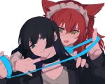  2girls animal_ears aqua_eyes bite_mark bite_mark_on_neck black_hair blush bocchi_the_rock! cat_ears chinese_commentary choker_pull collar commentary_request fangs green_eyes grey_shirt highres holding holding_leash kemonomimi_mode kita_ikuyo leash lip_piercing long_hair looking_at_another looking_at_viewer maid_headdress multiple_girls open_mouth pa-san parted_lips piercing red_hair shirt simple_background smile upper_body white_background white_headdress xmyishipi yuri 