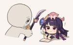  ! 1girl animal_ears animal_on_head blunt_bangs book braid chibi closed_mouth dango food genshin_impact hair_ornament holding holding_food japanese_clothes long_hair looking_at_viewer lying mole mole_under_eye nonons on_head on_stomach open_mouth purple_eyes purple_hair raiden_shogun simple_background single_braid tail tearing_up tears wagashi weapon yae_miko yae_miko_(fox) 