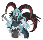  1girl alternate_breast_size artist_logo artist_name black_wings blue_hair blue_scales body_fur breasts brown_wings claws curled_horns english_commentary fangs fate/grand_order fate_(series) feathered_wings furred_dragon gradient_skin hand_on_own_hip highres horns large_horns long_hair long_horns medium_breasts monster_girl multiple_wings navel neon_(theneonflower) open_mouth red_eyes redesign scales sharp_teeth signature simple_background solo symbol-shaped_pupils tail teeth tiamat_(fate) very_long_hair watermark white_background wings x-shaped_pupils 
