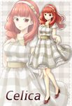  alternate_costume breasts celica_(fire_emblem) character_name checkered contemporary dress fire_emblem fire_emblem_echoes:_mou_hitori_no_eiyuuou frills full_body hairband hand_on_own_chest high_heels highres long_hair looking_at_viewer medium_breasts plaid plaid_background plaid_dress red_eyes red_hair smile solo standing yuino_(fancy_party) zoom_layer 