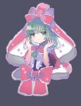  arm_ribbon bow dress frilled_bow frilled_ribbon frills front_ponytail green_eyes green_hair hair_bobbles hair_bow hair_ornament hair_ribbon hiyuu_(hiyualice) kagiyama_hina red_dress red_ribbon ribbon touhou wrist_ribbon 