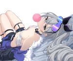  1girl absurdres bare_shoulders black_choker black_jacket black_shorts blowing_bubbles chewing_gum choker commentary crop_top drill_hair english_commentary eyewear_on_head feint721 fur-trimmed_jacket fur_trim grey_eyes grey_hair hair_between_eyes highres honkai:_star_rail honkai_(series) jacket knees_up long_hair looking_at_viewer looking_back lying micro_shorts midriff navel off_shoulder on_back ponytail shirt short_shorts shorts silver_wolf_(honkai:_star_rail) simple_background single-shoulder_shirt skindentation solo stomach sunglasses thigh_strap thighs white_background white_shirt 