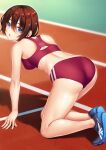  1girl all_fours ass bad_anatomy blue_eyes brown_hair buruma from_behind highres kuri_(kurigohan) looking_at_viewer looking_back original red_buruma red_sports_bra short_hair solo sports_bikini sports_bra starting_position track_and_field 