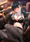  1girl black_footwear black_hair black_jacket black_pantyhose blue_archive blush breasts car_interior cleavage clothes_lift commentary_request hair_ornament high_heels highres jacket kawai_(purplrpouni) large_breasts long_hair long_sleeves looking_at_viewer navel open_clothes open_jacket pantyhose parted_lips rio_(blue_archive) sitting smile solo steering_wheel stomach sweater sweater_lift thighband_pantyhose thighs turtleneck turtleneck_sweater white_sweater 