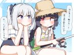  2girls :o bags_under_eyes bare_arms bare_shoulders bikini black_bow black_hair black_one-piece_swimsuit blue_archive blue_background blush bow braid brown_hat closed_mouth dash_b feet_out_of_frame fishing_line fishing_rod flying_sweatdrops frilled_one-piece_swimsuit frills grey_hair hair_bow halftone halftone_background halo hat highres holding holding_fishing_rod leaf_print low_twintails miyako_(blue_archive) miyako_(swimsuit)_(blue_archive) miyu_(blue_archive) miyu_(swimsuit)_(blue_archive) multiple_girls off-shoulder_one-piece_swimsuit off_shoulder one-piece_swimsuit parted_lips ponytail print_bikini purple_eyes red_eyes sitting smile straw_hat swimsuit twin_braids twintails two-tone_background white_background white_bikini 