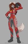 absurd_res anthro armor boots camel_toe canid canine canis clothing female ferrari footwear gag green_eyes hair headgear helmet hi_res latex latex_clothing lucia_martina mammal nipple_outline racing_suit simple_background solo sonoracers straps