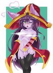  &lt;3 2017 5_fingers absurd_res big_ears blush breasts clothed clothing convenient_censorship covering covering_crotch covering_self female fingers fur green_eyes hair hat hi_res humanoid league_of_legends legwear long_hair looking_at_viewer lulu_(lol) mammal navel one_eye_closed open_mouth partially_clothed purple_hair purple_skin riot_games short_stack simple_background solo standing steam stockings thigh_highs tongue video_games yordle 傲嬌病魔兔 