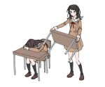  2girls a_jak bang_dream! bang_dream!_it&#039;s_mygo!!!!! black_hair black_socks blue_eyes brown_dress brown_footwear brown_hair carrying chair closed_mouth desk dress expressionless full_body hanasakigawa_school_uniform head_on_arm kneehighs loafers long_hair long_sleeves multiple_girls sailor_collar school_chair school_desk school_uniform shiina_taki shoes simple_background sitting sleeping socks standing white_background white_sailor_collar yahata_umiri 