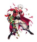  bangs bell boots brown_eyes brown_footwear christmas_ornaments christmas_tree eyebrows_visible_through_hair fire_emblem fire_emblem:_kakusei fire_emblem_heroes fujiwara_ryo full_body fur_trim gloves highres holding holding_weapon hood hood_down knee_boots long_coat long_sleeves looking_away male_focus male_my_unit_(fire_emblem:_kakusei) my_unit_(fire_emblem:_kakusei) official_art open_mouth pants pom_pom_(clothes) solo torn_clothes transparent_background weapon white_hair 