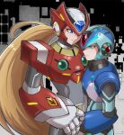  2boys armor blonde_hair blue_armor blue_eyes blue_helmet chest_jewel forehead_jewel glint glowing green_eyes helmet highres long_hair mega_man_(series) mega_man_x_(series) multiple_boys nenndo100 official_alternate_costume ponytail red_armor red_helmet shoulder_armor sparkle twitter_username x_(mega_man) zero_(mega_man) 