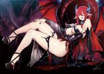  1girl bat_wings black_nails blush breasts cave choker cleavage clothing_cutout covered_nipples demon_girl demon_horns detached_sleeves earrings evil_smile fang floating gloves hand_on_own_knee high_heels highleg highleg_dress highres horns jewelry large_breasts long_hair nail_polish open_mouth original pointy_ears red_eyes red_hair revealing_clothes rib:y(uhki) signature sitting smile solo third-party_edit tongue tongue_out torn_clothes underwear wings 