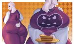  anthro big_breasts big_butt black_eyes boss_monster_(undertale) bovid breast_focus breasts butt caprine cherr_yred clothing dress eyelashes female floppy_ears food front_view fur goat holding_food holding_object holding_pie holding_plate horn huge_breasts huge_butt looking_at_viewer looking_back looking_back_at_viewer lop_ears mammal open_mouth open_smile orange_background pastry pattern_background pie purple_clothing purple_dress rear_view simple_background smile solo toriel undertale_(series) white_background white_body white_fur white_horn 