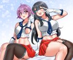  2girls absurdres agano_(kancolle) anchor_print anchor_symbol black_hair black_sailor_collar black_thighhighs blue_necktie blue_sailor_collar breasts dated dress feet_out_of_frame garter_straps gloves green_eyes highres invisible_chair kantai_collection katou_shinobu large_breasts long_hair looking_at_viewer midriff multiple_girls navel necktie one_eye_closed open_mouth pleated_dress pleated_skirt purple_hair red_eyes red_skirt round_teeth sailor_collar sakawa_(kancolle) school_uniform serafuku shirt short_hair single_garter_strap single_thighhigh sitting skirt sleeveless sleeveless_shirt teeth thighhighs twitter_username upper_teeth_only v_over_eye white_gloves white_shirt 