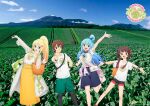  1boy 3girls :d aqua_(konosuba) aqua_eyes aqua_hair backpack bag black_shorts blonde_hair blue_eyes blue_skirt blue_sky brown_hair clothes_around_waist cloud collaboration darkness_(konosuba) day field glasses green_shorts grin hair_between_eyes hair_rings handbag highres jacket jacket_around_waist kono_subarashii_sekai_ni_shukufuku_wo! long_hair megumin mountain multiple_girls official_art open_mouth outdoors photo_background pink_jacket ponytail red_eyes satou_kazuma shirt short_hair short_shorts short_sleeves shorts sidelocks skirt sky smile standing t-shirt white_shirt yellow_skirt 