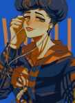  1boy absurdres black_hair blue_background curly_hair earbuds earphones hand_on_own_ear highres hood hoodie jojo_no_kimyou_na_bouken jojolion looking_at_viewer male_focus multicolored_hair orange_eyes orange_lips parted_lips solo spiral swampland tooru_(jojolion) undercut 