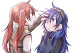  2girls blue_eyes blue_hair blush brand_of_the_exalt brown_gloves closed_mouth fingerless_gloves fire_emblem fire_emblem_awakening gloves long_hair looking_at_another lucina_(fire_emblem) messy_hair multiple_girls one_eye_closed open_mouth red_eyes red_hair severa_(fire_emblem) shippo3101 symbol_in_eye tiara twintails upper_body white_background 