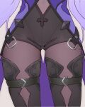  1girl belt belt_buckle black_belt black_pantyhose black_swan_(honkai:_star_rail) buckle close-up covered_navel dress hair_spread_out highres honkai:_star_rail honkai_(series) liniorav long_hair navel pantyhose pantyhose_under_shorts purple_dress purple_hair shorts solo very_long_hair 