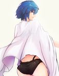  ass black_panties blue_eyes blue_hair butt_crack cape circlet cowboy_shot cypria_(sennen_sensou_aigis) hirome99 looking_back panties parted_lips see-through sennen_sensou_aigis short_hair simple_background solo standing underwear white_background white_cape 