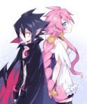  1boy 1girl ahoge angel angel_wings black_choker black_hair blue_eyes choker disgaea hair_between_eyes issa_(sorako45) long_hair long_sleeves makai_senki_disgaea_4 pink_hair pointy_ears red_eyes sidelocks smile valvatorez_(disgaea) vampire very_long_hair vulcanus_(disgaea_4) white_background wings 